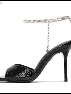 Crocodile Embossed Rhinestone Chain Ankle Strap High Heel Sandals Open Square